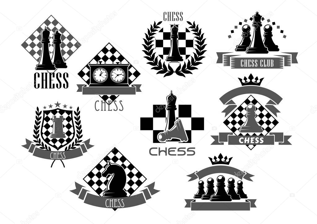 Chess club icons for chessplayer game contest or competition with chessman pieces on checkered shield. Vector symbols of king or queen and knight bishop, victory goblet cup prize on chessboard