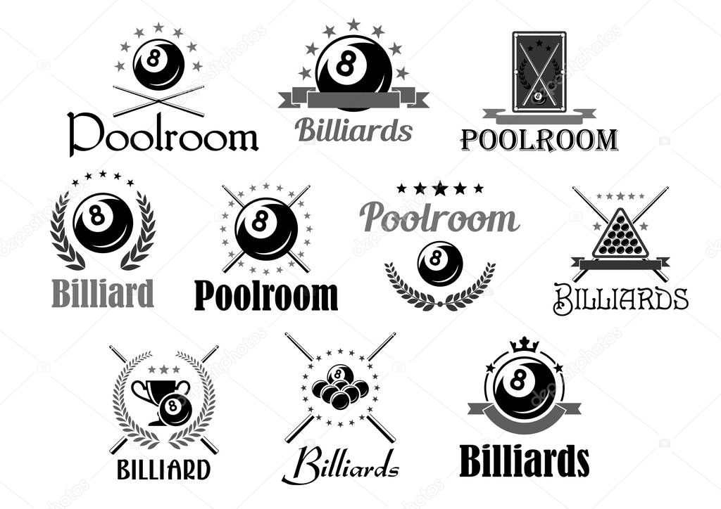 Billiards club or pool room sport tournament awards icons. Vector symbols of billiard cue and balls in triangle, heraldic laurel wreath and champion winner cup prize, victory crown and stars