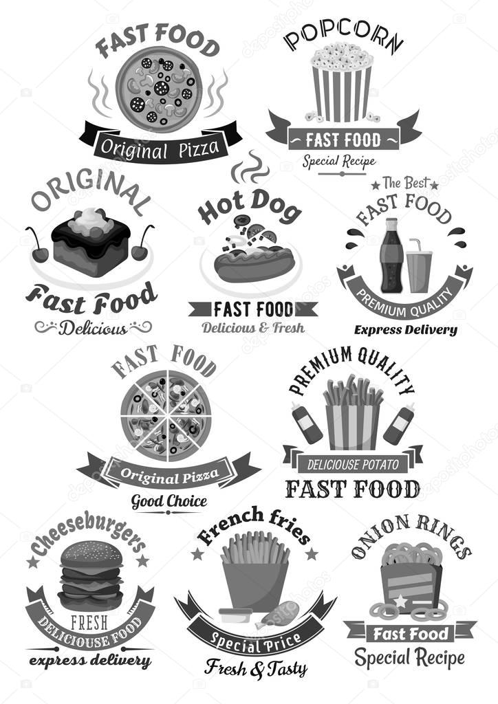 Fast food icons and badges for menu or restaurant signs. Vector set of burgers, hot dog sandwiches and pizza. Fastfood popcorn snacks, cheeseburger, french fries and cupcakes or muffin desserts