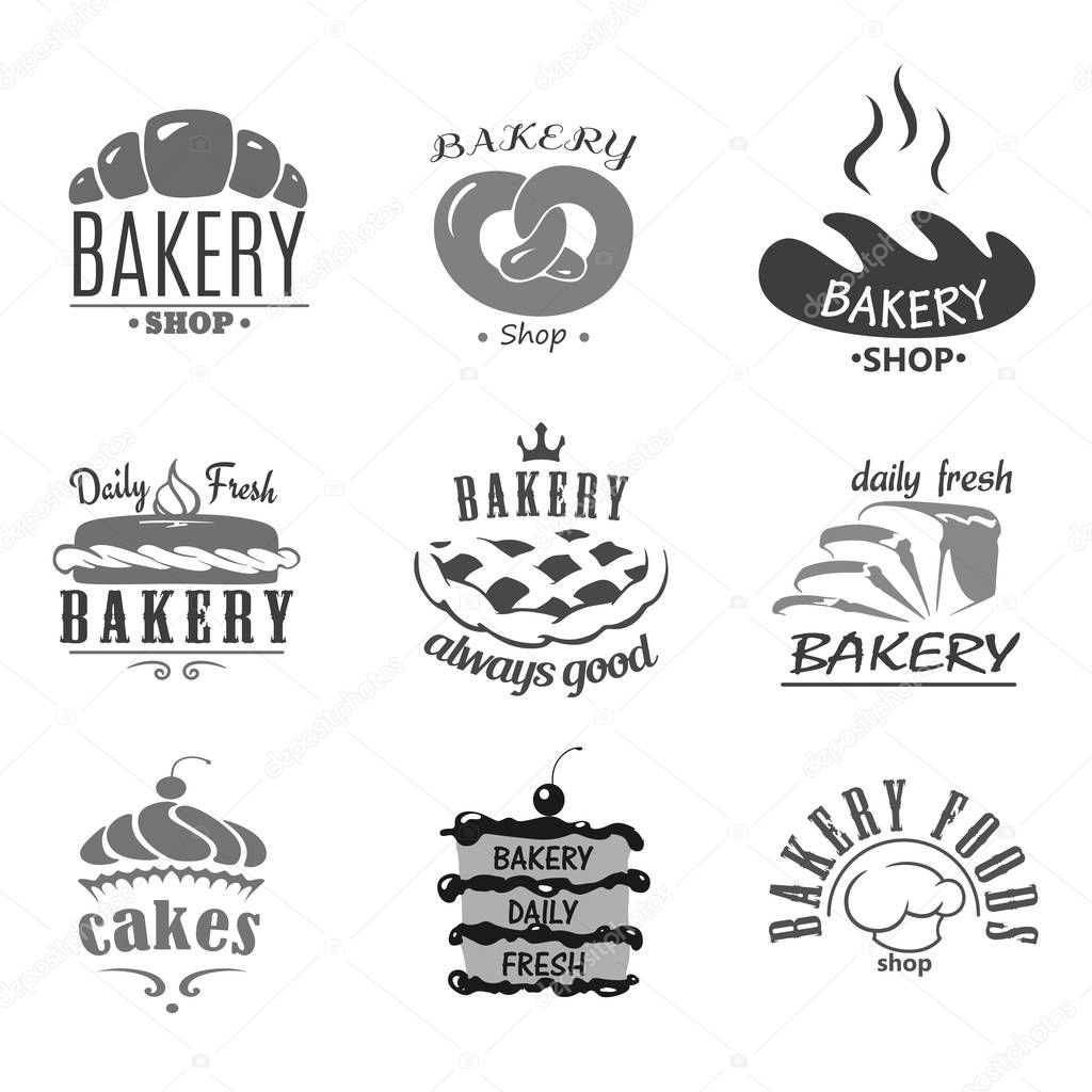 Bakery shop or patisserie template icons. Vector symbols of bread buns or loafs and wheat baguette and pretzel bagel. Pastry croissant, pie and chocolate cupcake desserts or tortes