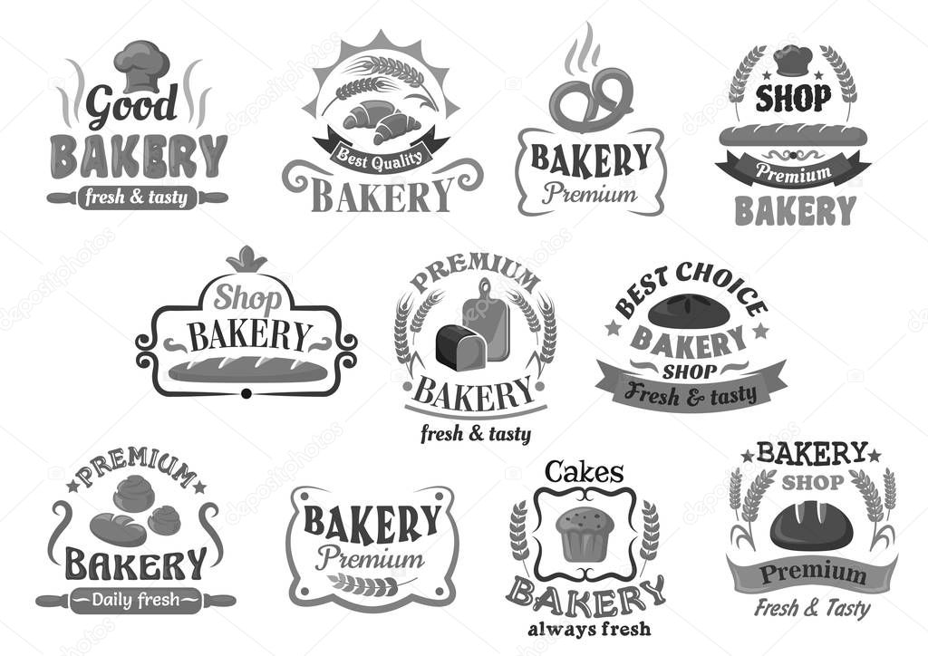 Bakery bread and cakes icon templates of bagel buns and loafs or wheat toasts, chocolate muffin or cupcake pastry, rye bread baguette and croissant bannocks. Vector isolated premium signs or symbols