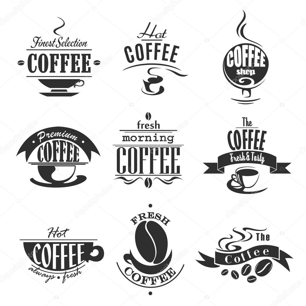 Cafe or coffeeshop icons of coffee cups and beans