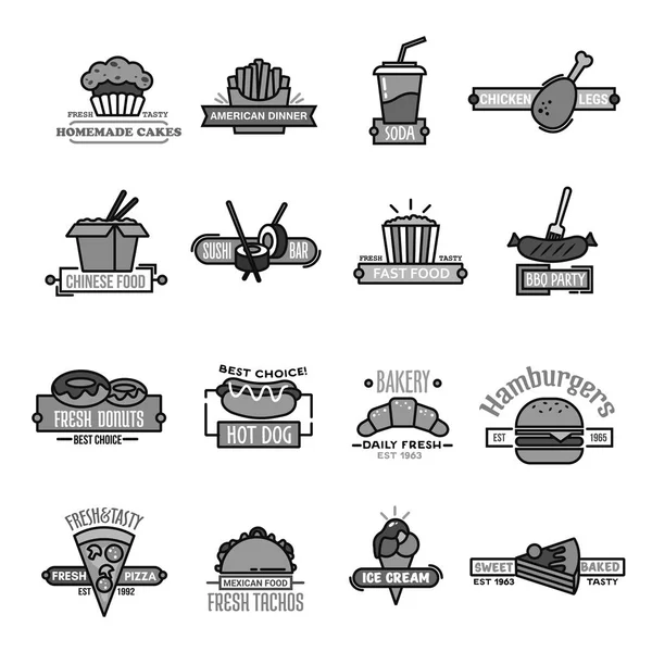 Fast food vector ikoner av sushi skaldjur och bageri — Stock vektor