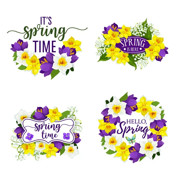 Spring flowers bunches and bouquets vector icons