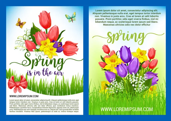 Primavera flores buquês vetor saudação cartazes —  Vetores de Stock