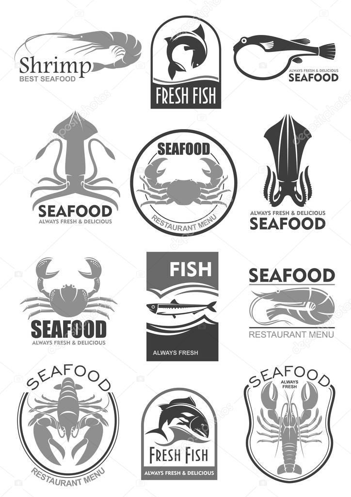 Seafood and fish food restaurant menu or fish market store. lobster or crab crayfish, shrimp or prawn and flounder, tuna and salmon fish, squid, herring sprat and octopus. Vector icons set