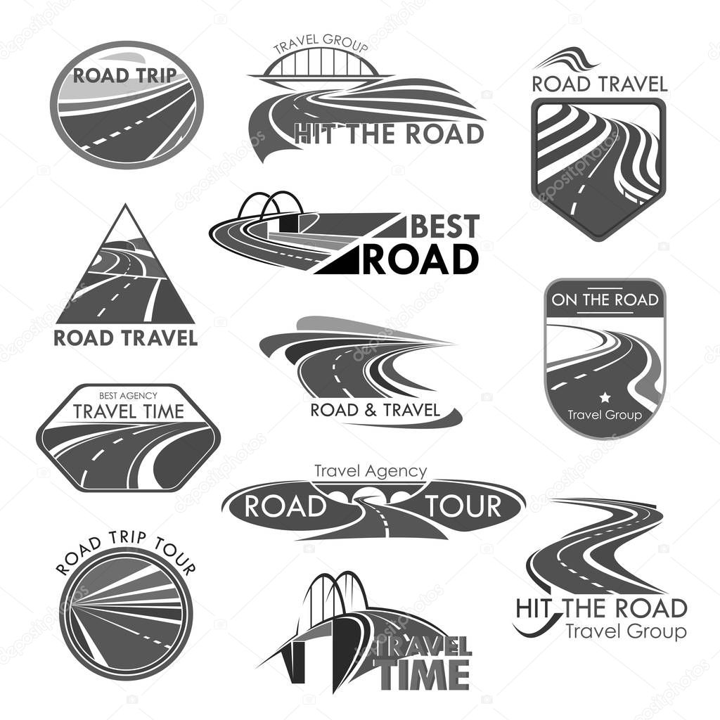 Travel company or tourist trip agency template icons. Road journey ways for car and bus tour. Vector isolated symbols set of highways or motorways adventure routes, bridges and pathway tunnels