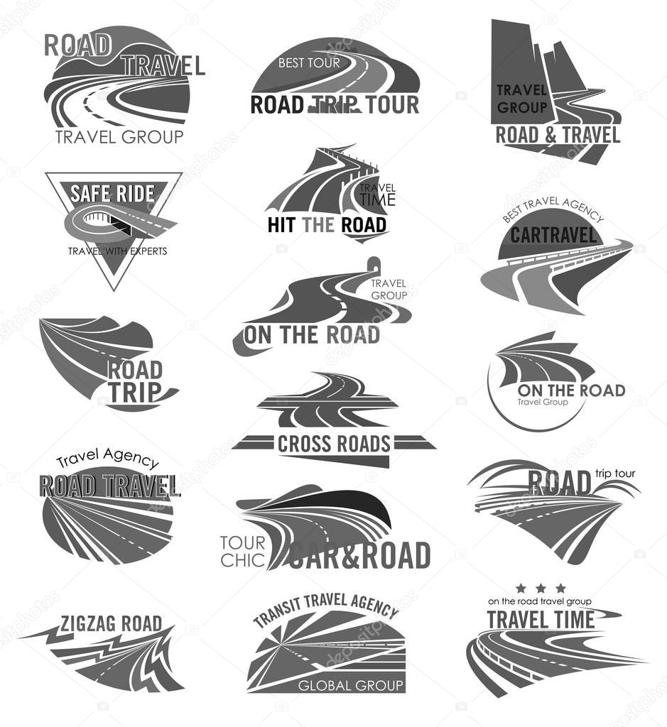 Travel company or tourist agency template icons. Road trip ways for car tour and bus journey with design of highways or motorways adventure routes, bridges and pathway tunnels. Vector isolated set