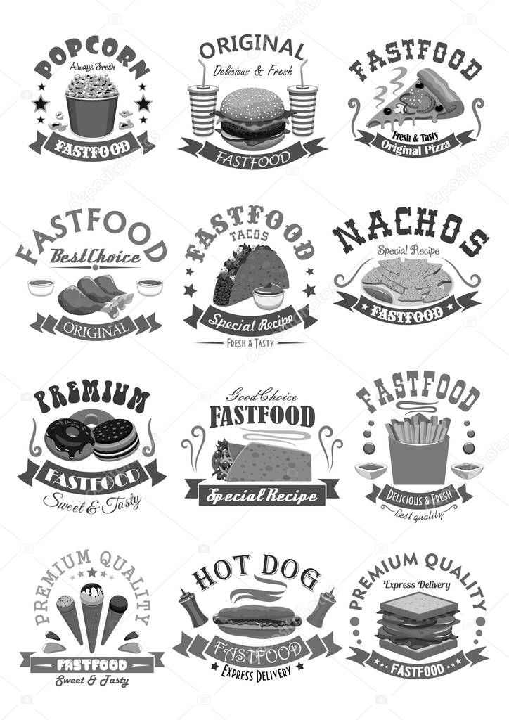 Fast food restaurant icons for menu of burgers cheeseburger and hamburger, hot dog sandwich, pizza and french fries. Popcorn, chicken legs, ice cream and donut. Vector fastfood snacks and desserts set