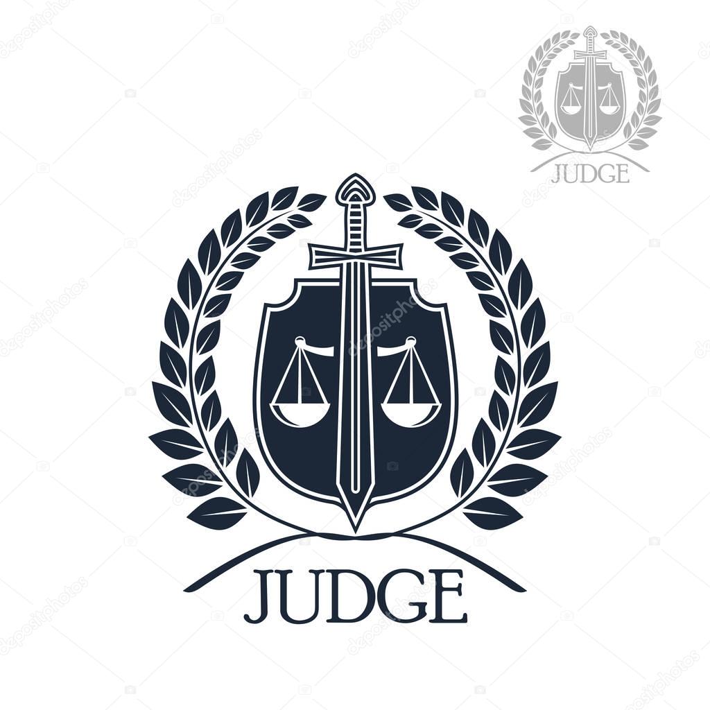 Lawyer firm, judge and law office symbol. Scales of justice with sword on heraldic shield framed by laurel wreath. Advocacy, justice, attorney protection themes design