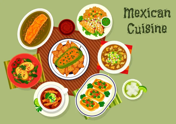 Icono de la cocina mexicana con sopa y sándwiches — Vector de stock