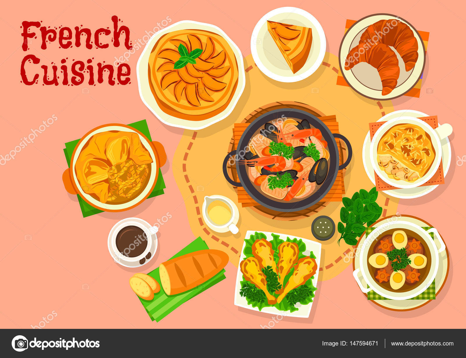 National dishes of France. Frog legs in French. French onion soup. Croissants. Baguette 9 National dishes of France. Frog legs in French. French onion soup. Croissants. Baguette 88
