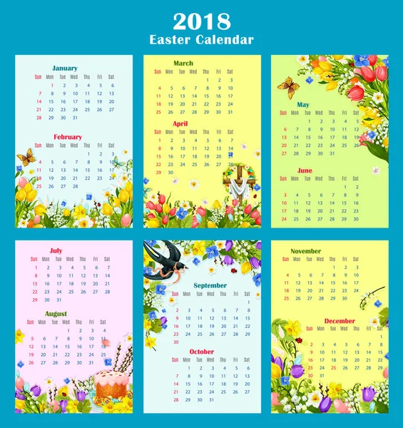 Velikonoční šablony kalendáře rok s květinovým dekorem — Stockový vektor