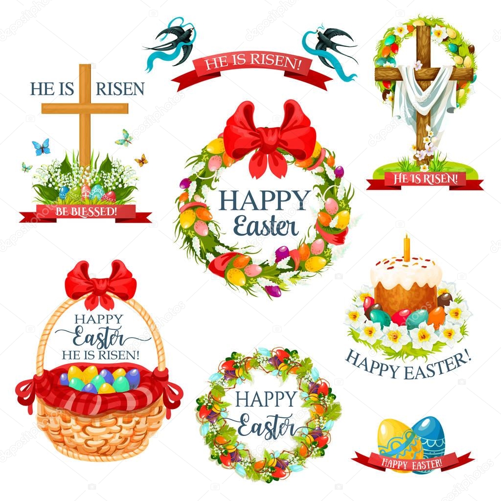 Easter cartoon icon and label set. Easter egg, cake, egg hunt basket and crucifix cross, decorated by floral wreath and flower bunch with lily, tulip and narcissus, swallow bird and ribbon banner