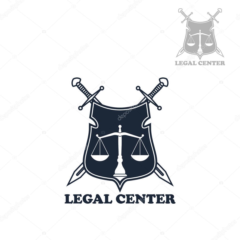 Law firm badge of heraldic shield with scales of justice and crossed swords. Lawyer office emblem, legal center symbol, attorney service theme design