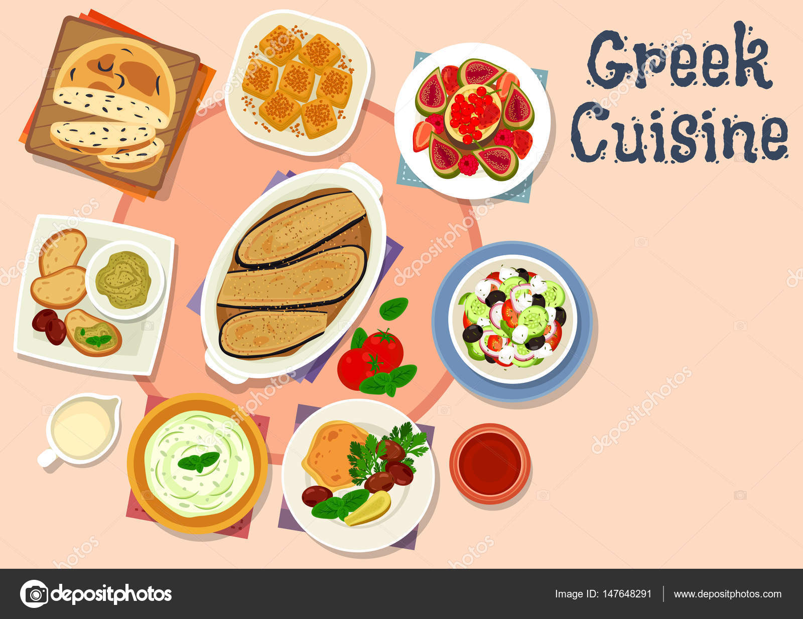 Dania Kuchni Greckiej Smaczny Lunch Potrawy Ikona Grafika