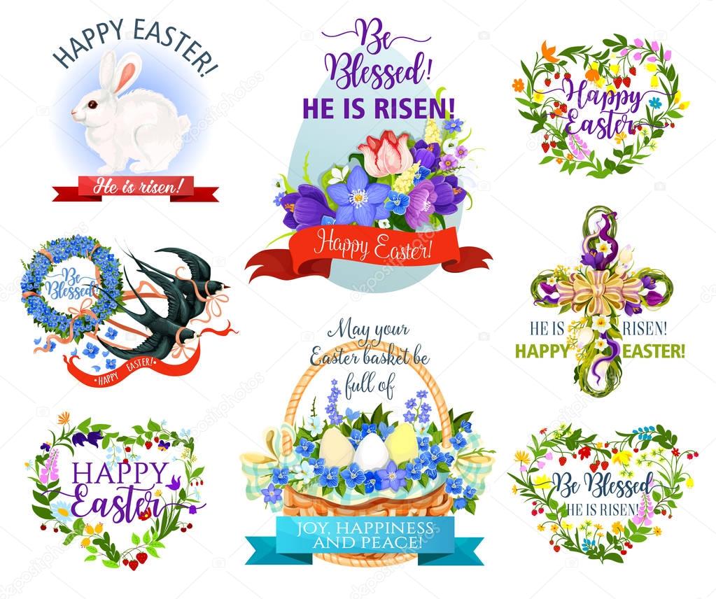 Easter holiday symbol cartoon icon. Easter egg with flowers, rabbit bunny, egg hunt basket and cross, floral heart and wreath with spring flowers, ribbon banner and swallow bird. Easter themes design