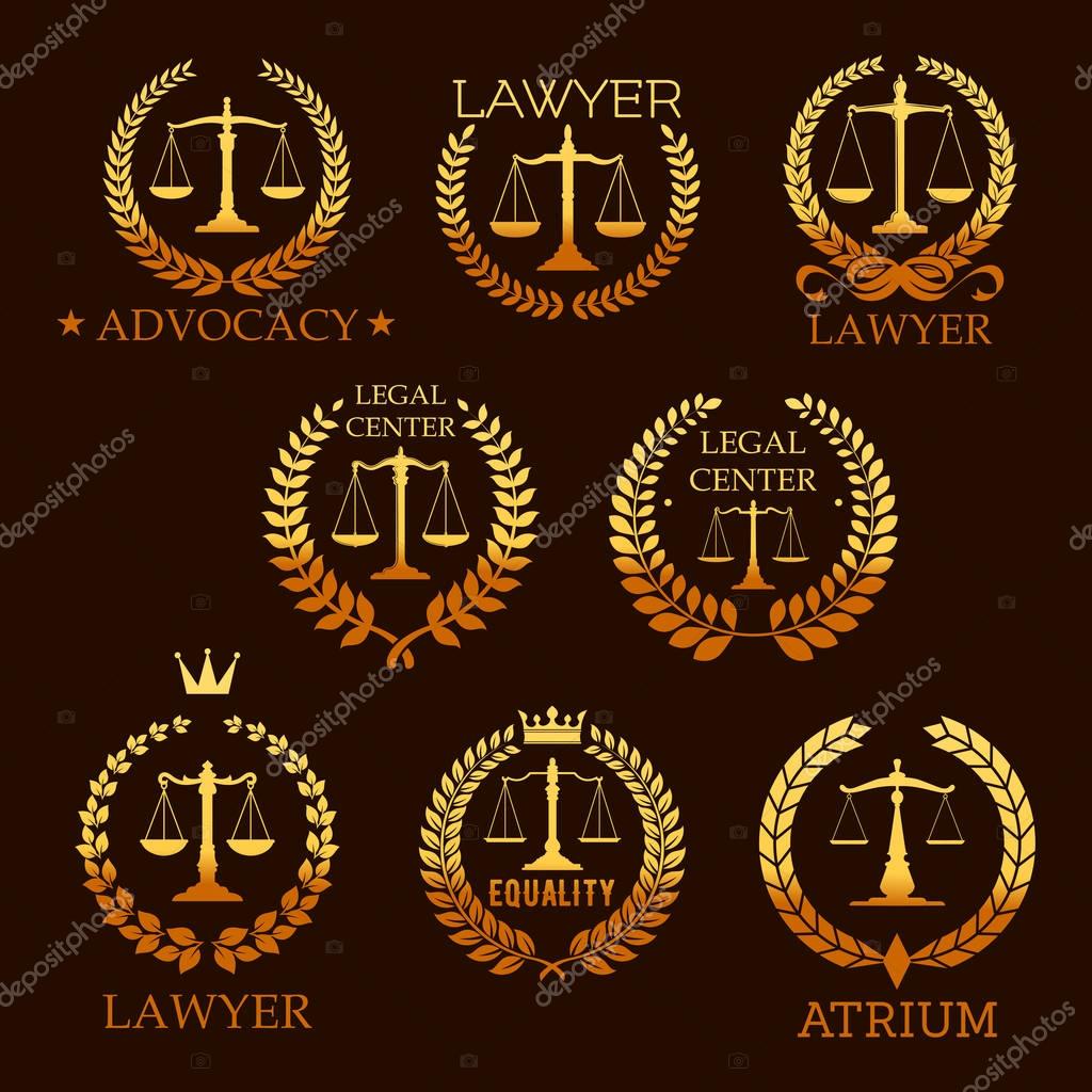 Lawyer office, law firm and legal center golden emblem set. Scale of justice gold symbol, framed by laurel and floral wreath with ribbon, crown and star for lawyer service heraldic badge design