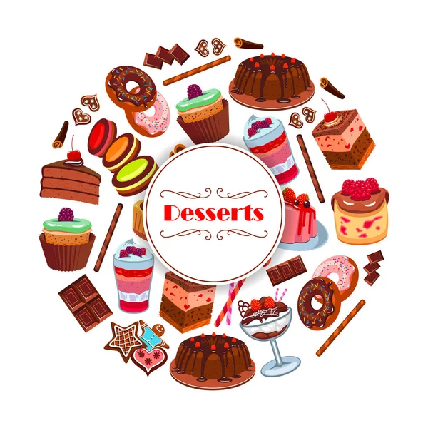 Sobremesa e doces de pastelaria desenho de cartaz de desenhos animados — Vetor de Stock