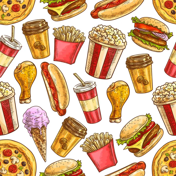 Iconos de boceto de comida rápida patrón sin costuras — Vector de stock