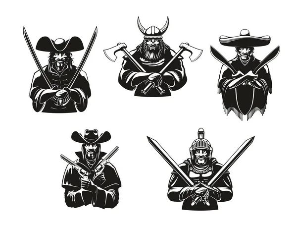 Soldiers or warriors man ammunition vector icons — Stock Vector