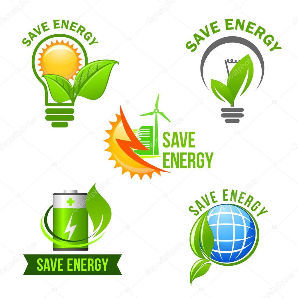 Green power and energy saving symbol set. Eco light bulb with green leaf and sun, solar panel and wind turbine energy, charge battery and earth globe with plant for ecology and renewable energy design