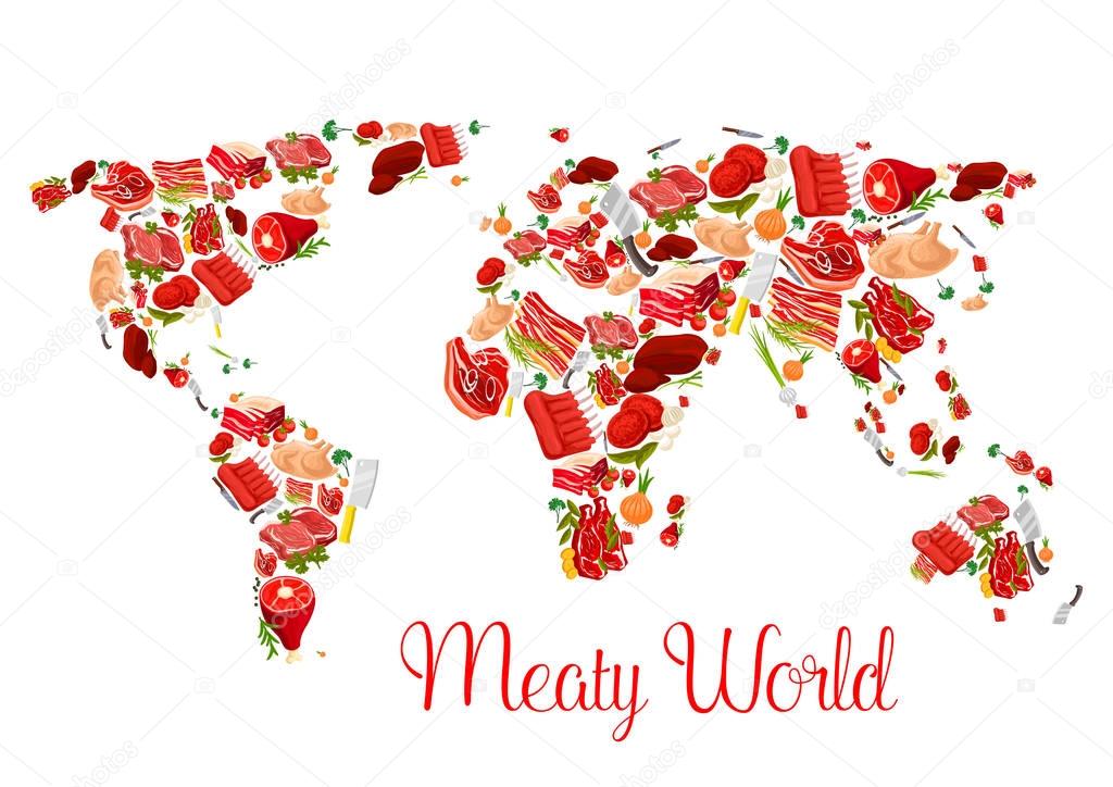 Meat world map poster with beef, pork, ham, bacon