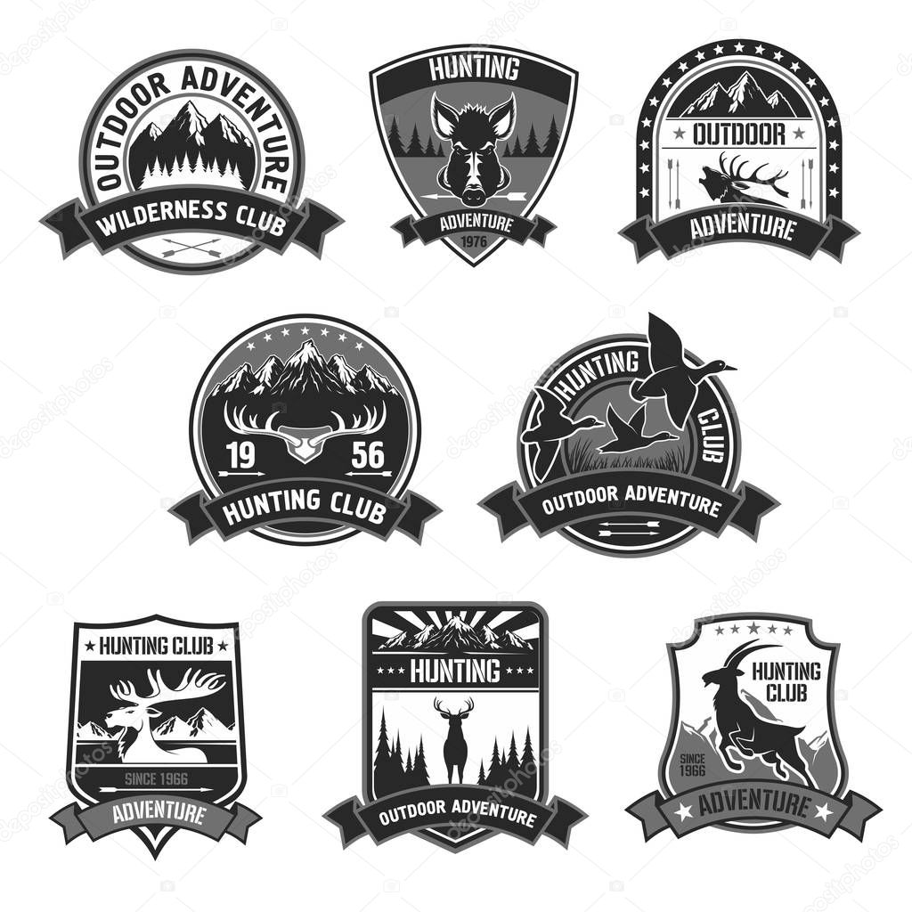 Hunting club icons. Hunter adventure sport badges set with symbols of wild hunt animals forest boar aper, deer or elk, ducks and mountain goat. Vector ribbons with guns, riffles and crossbow