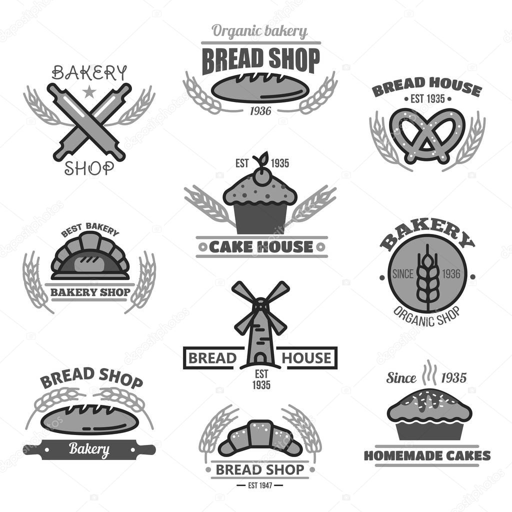 Bakery shop icons set. Vector symbols of bread buns and bagels, baked cakes and dough rolling pin, wheat or rye ears and flour mill for bread house or baker market store