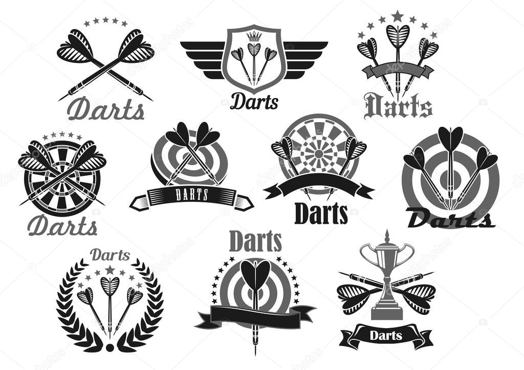 Darts sport symbol set with dartboard and trophy