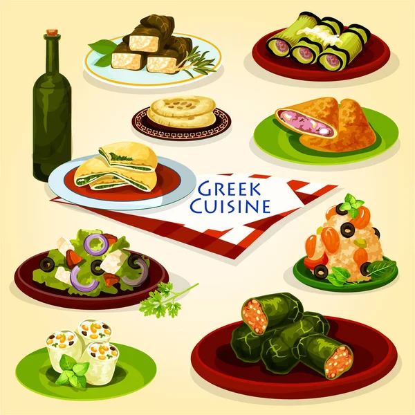 Plakat kreskówka Kuchnia Grecka zdrowy obiad — Wektor stockowy