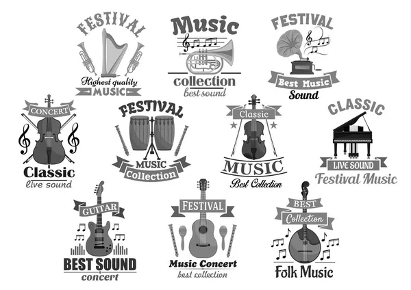 Emblema del instrumento musical para el diseño musical — Vector de stock