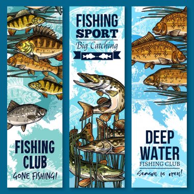 Fishing sport club banner set with swimming fish vector Fishing sport club banner set with swimming fish vector