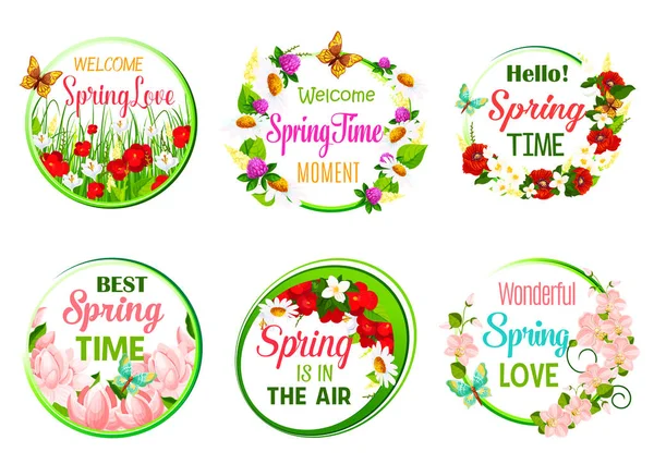 Vector spring time citazioni di auguri in set di icone — Vettoriale Stock