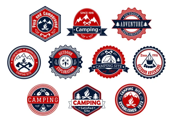 露营、 户外探险徽章为旅行的设计的 — 图库矢量图片