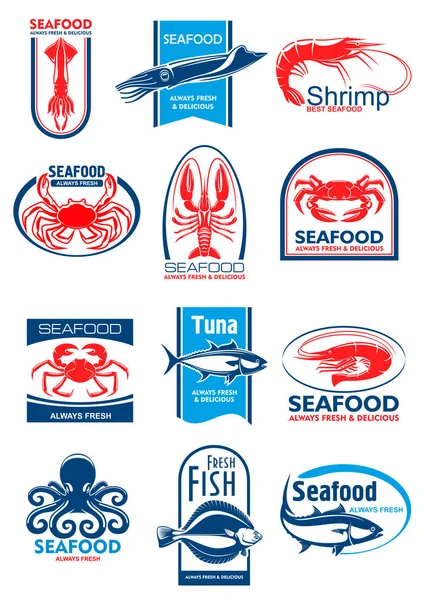 Conjunto de símbolos de mariscos y peces para el diseño de alimentos — Vector de stock