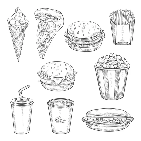 Sándwiches de comida rápida, bebida y boceto de postre — Vector de stock