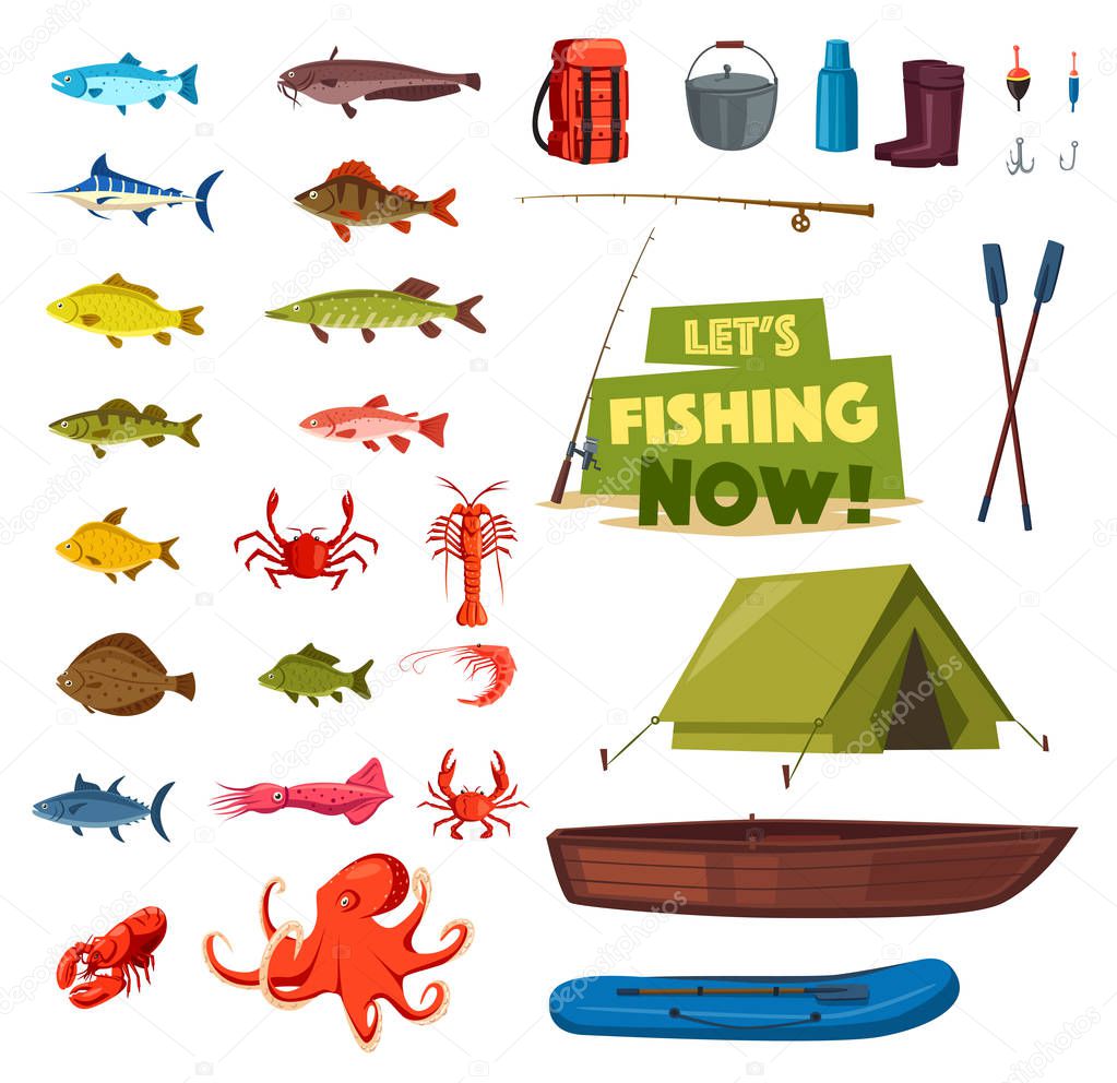 Fishing sport icon with fish, boat, rod, tackle