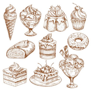 Bakery shop sketch icons of vector pastry desserts clipart