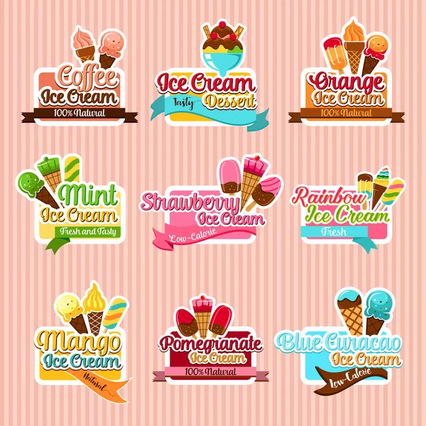 Ice cream sorts stickers vector icons set for cafe — Stock Vector