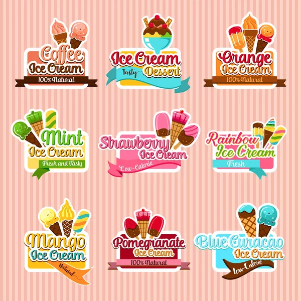 Helado clases pegatinas vector iconos conjunto para la cafetería — Archivo Imágenes Vectoriales