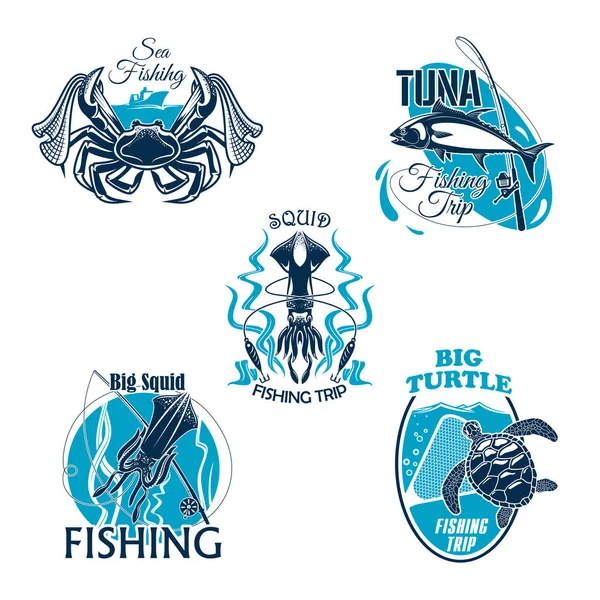 Viaje de pesca o club vector iconos o insignias conjunto — Archivo Imágenes Vectoriales