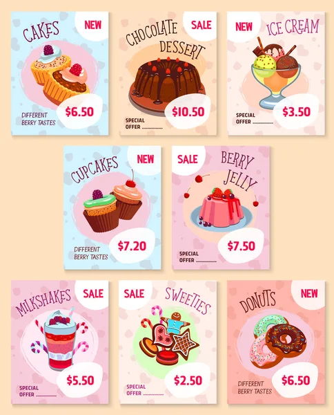 Bakery desserts price tags vector templates set — Stock Vector