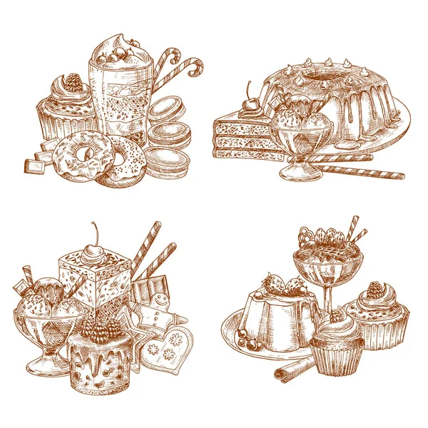 Vector sketch desserts and pastry for bakery shop — Stock Vector