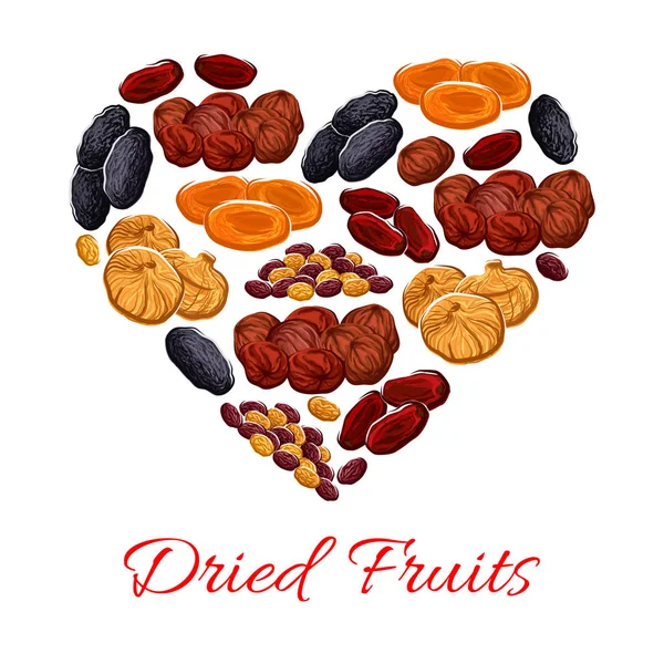 Heart of vector dried fruits snacks — Stock Vector