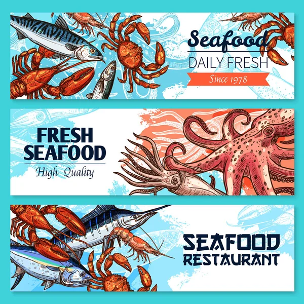 Zeevruchten restaurant banners vector schets set — Stockvector
