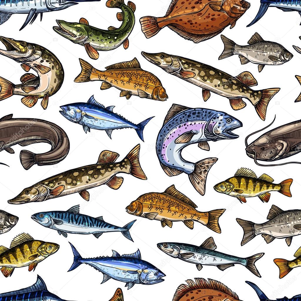 Fish sketch vector seamless pattern