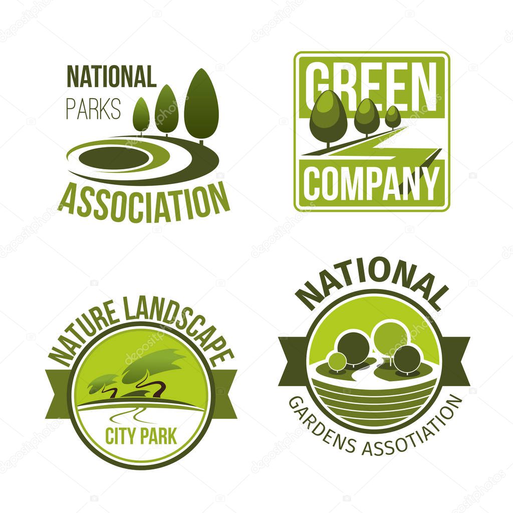Park gardens, landscape and green nature company vector icons . Set of badges for greenery planting and outdoor gardening service with symbols of woodland forest and urban city park environment