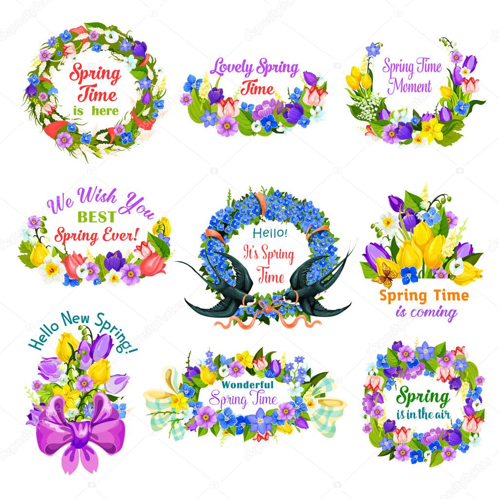 Hello spring floral frame and border icon set. Spring flower wreath of tulip, narcissus, lily, snowdrop and crocus with green leaf, ribbon, bow, butterfly and swallow bird. Spring holidays design