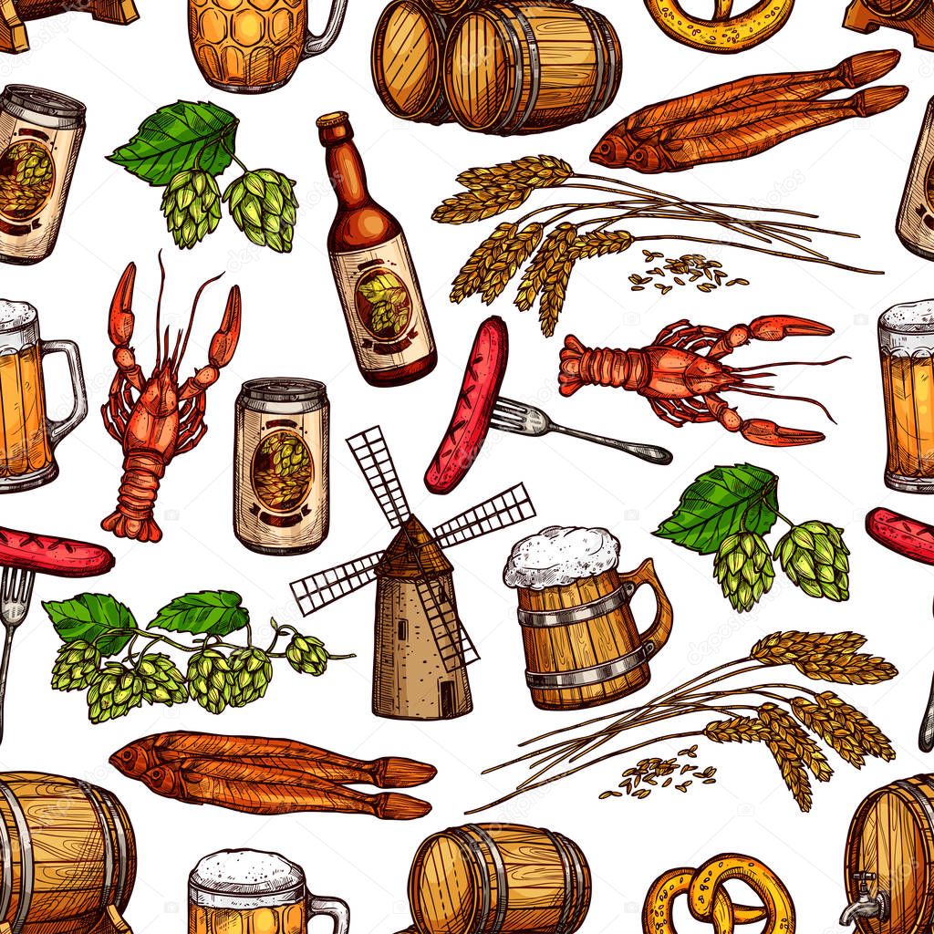 Beer pub snacks and drinks vector seamless pattern